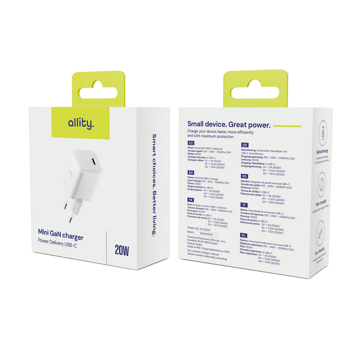 ALLITY zidni punjač GaN PD QC ATC-01-20WC 1x USB-C 20W bijeli