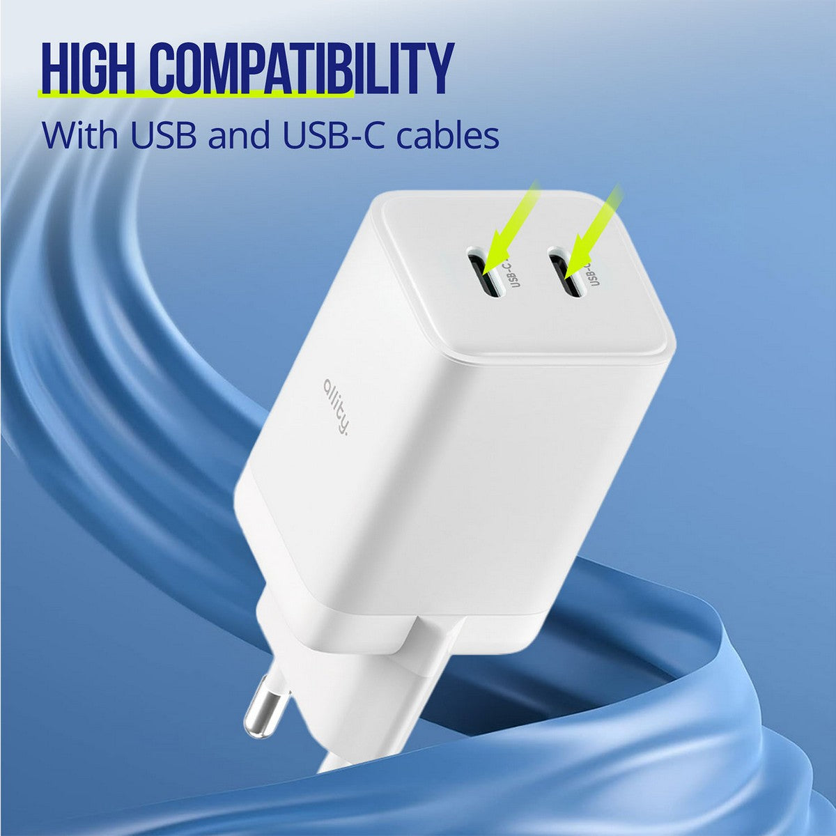 ALLITY zidni punjač GaN PD QC ATC-01-45WCC 2x USB-C 45W bijeli