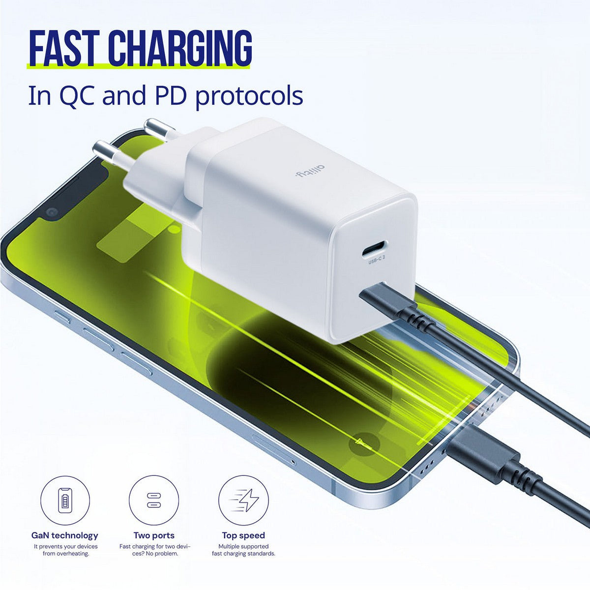 ALLITY zidni punjač GaN PD QC ATC-01-45WCC 2x USB-C 45W bijeli