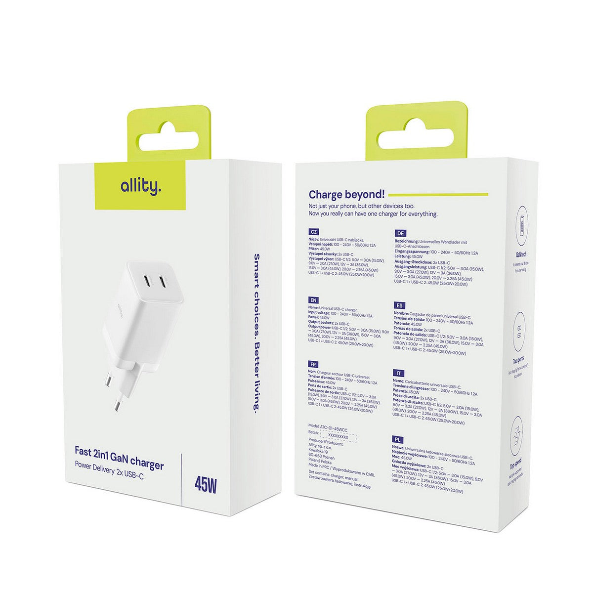 ALLITY zidni punjač GaN PD QC ATC-01-45WCC 2x USB-C 45W bijeli