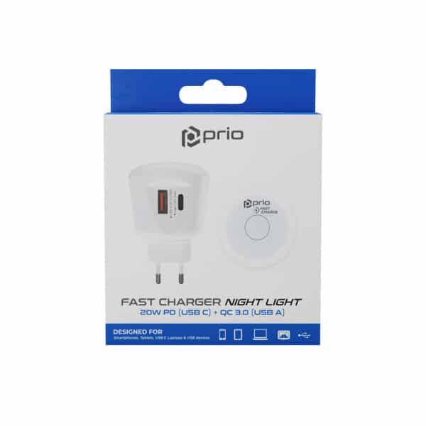 Prio Fast Charge nástěnná nabíječka 20W PD (USB C) + QC 3.0 (USB A) noční světlo bílá