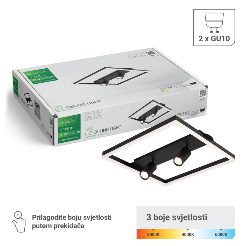 Stropna dekorativna svjetiljka Green Tech 36W, 3CCT + 2 x SPOT GU10