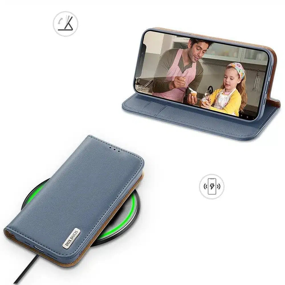 DUX DUCIS Hivo - kožené pouzdro typu kniha s kapsami na Apple iPhone 13 Pro Max modré