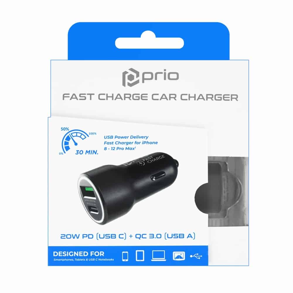 Prio Fast Charge autonabíječka 20W PD (USB C) + QC 3.0 (USB A) černá