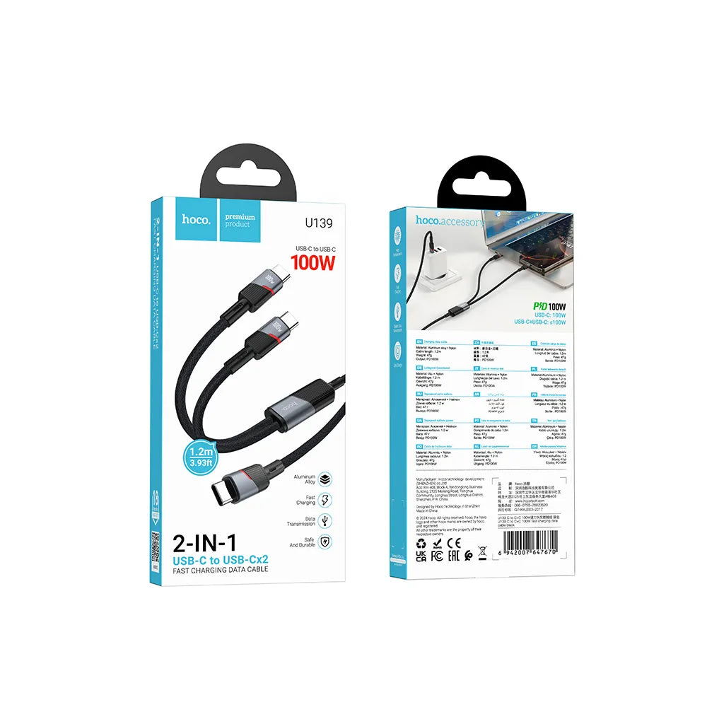 2v1 USB-C na USB-C / USB-C kabel Hoco 5A 100W 120 cm U139 černý