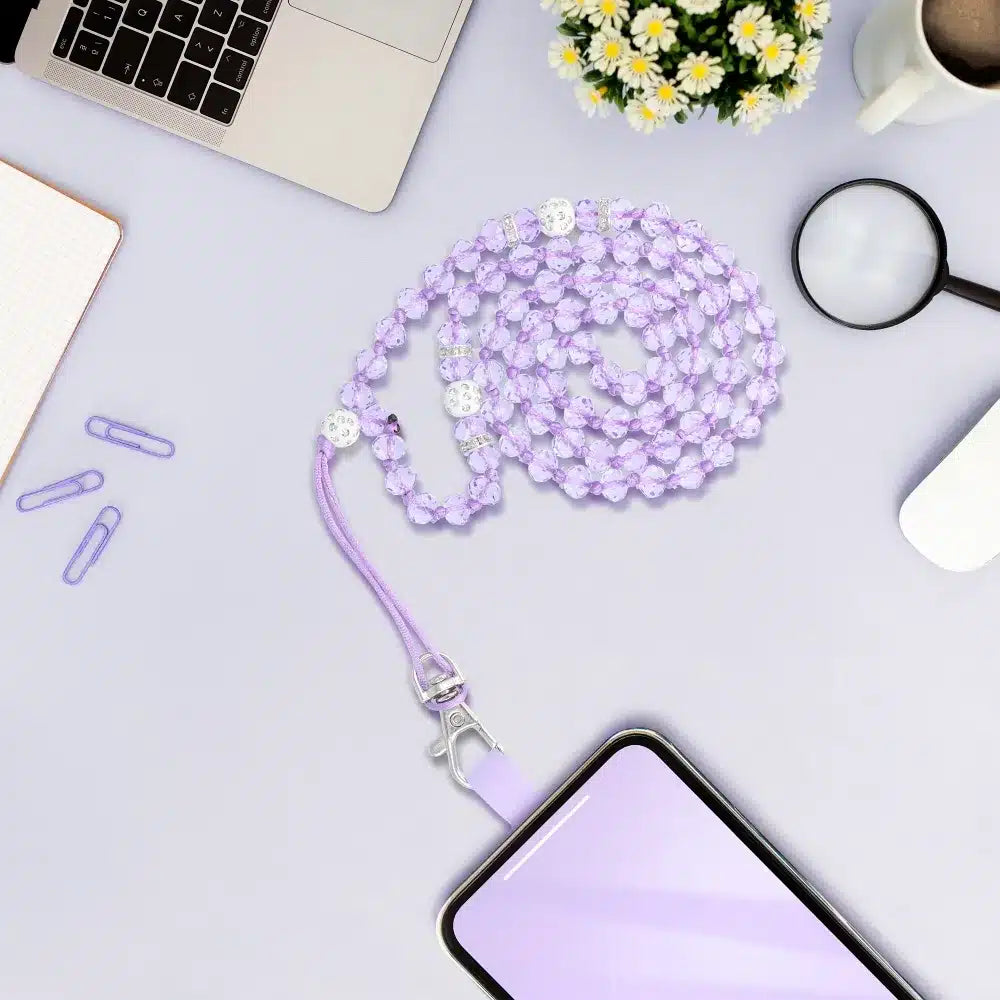 Přívěsek na telefon CRYSTAL DIAMOND / délka šňůry 74 cm (37 cm ve smyčce) / na krk fialová