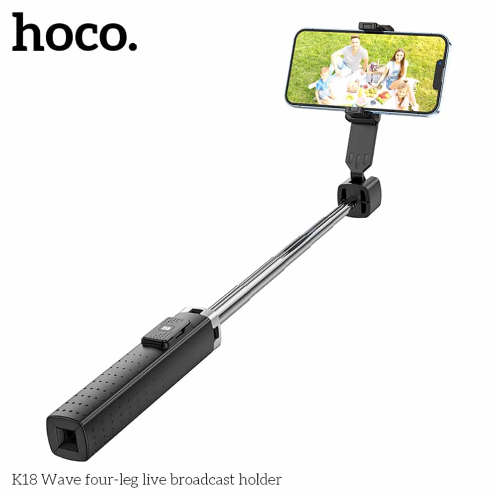 Hoco - Selfie tyč Wave (K18) s bezdrátovým Bluetooth dálkovým ovládáním a 4 nohami - 97 cm - černá