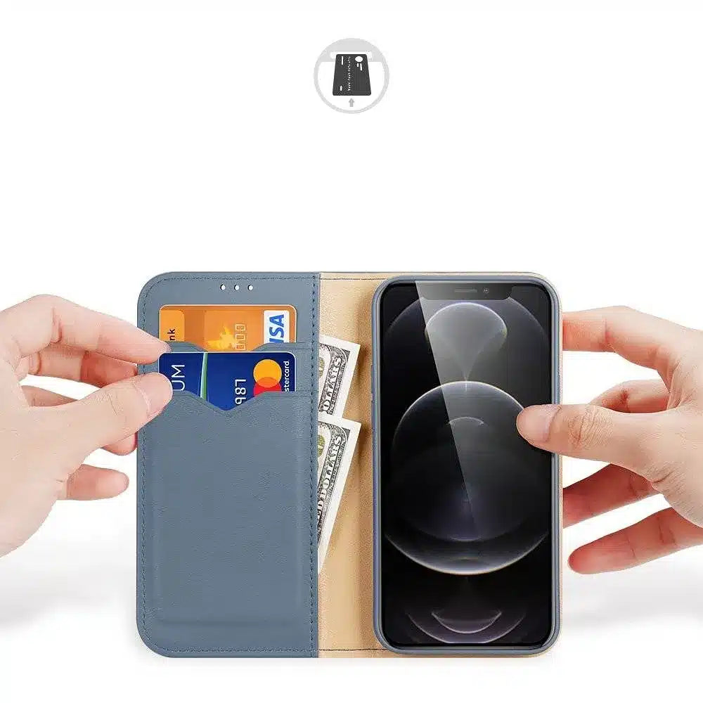 DUX DUCIS Hivo - kožené pouzdro typu kniha s kapsami na Apple iPhone 13 Pro Max modré