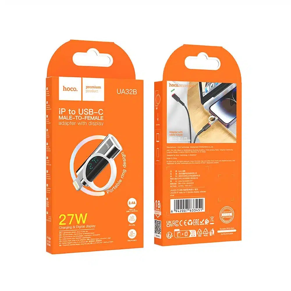 HOCO Lightning (M) na Type-C (F) adaptér s displejem 2.4A 27W UA32B stříbrný