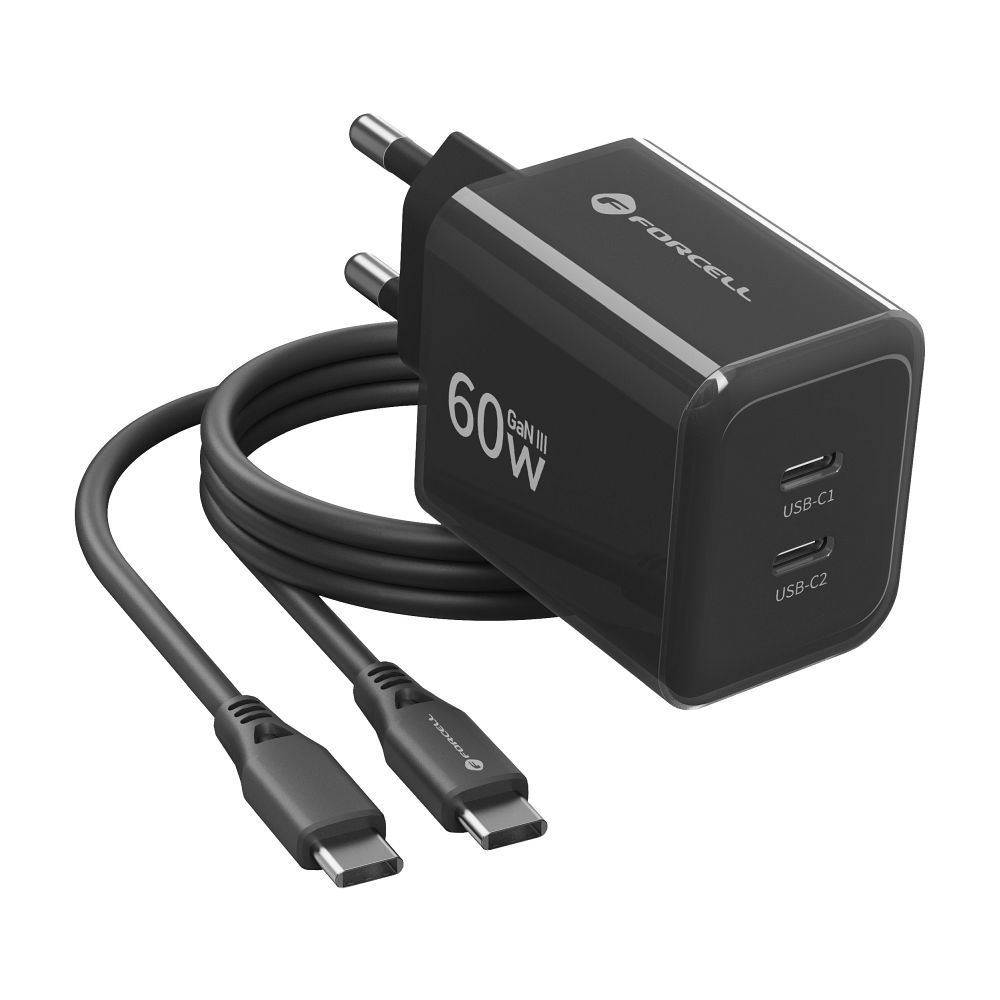 Punjač za telefon Forcell F-Energy GaN III 2x USB-C AVS SSFC3.0 60 W + kabel USB-C na USB-C