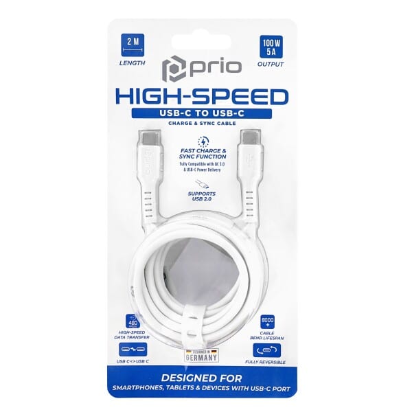 Prio High-Speed Charge & Sync USB C na USB C kabel 5A 2m bílý