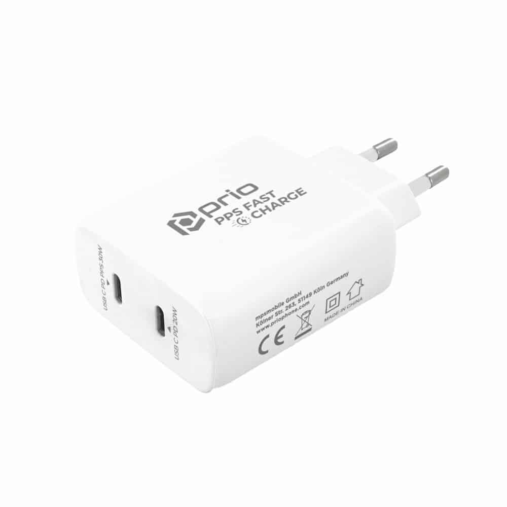 Prio 50W nástěnná nabíječka pro rychlé nabíjení 30W PD PPS (USB C) + 20W PD (USB C) bílá