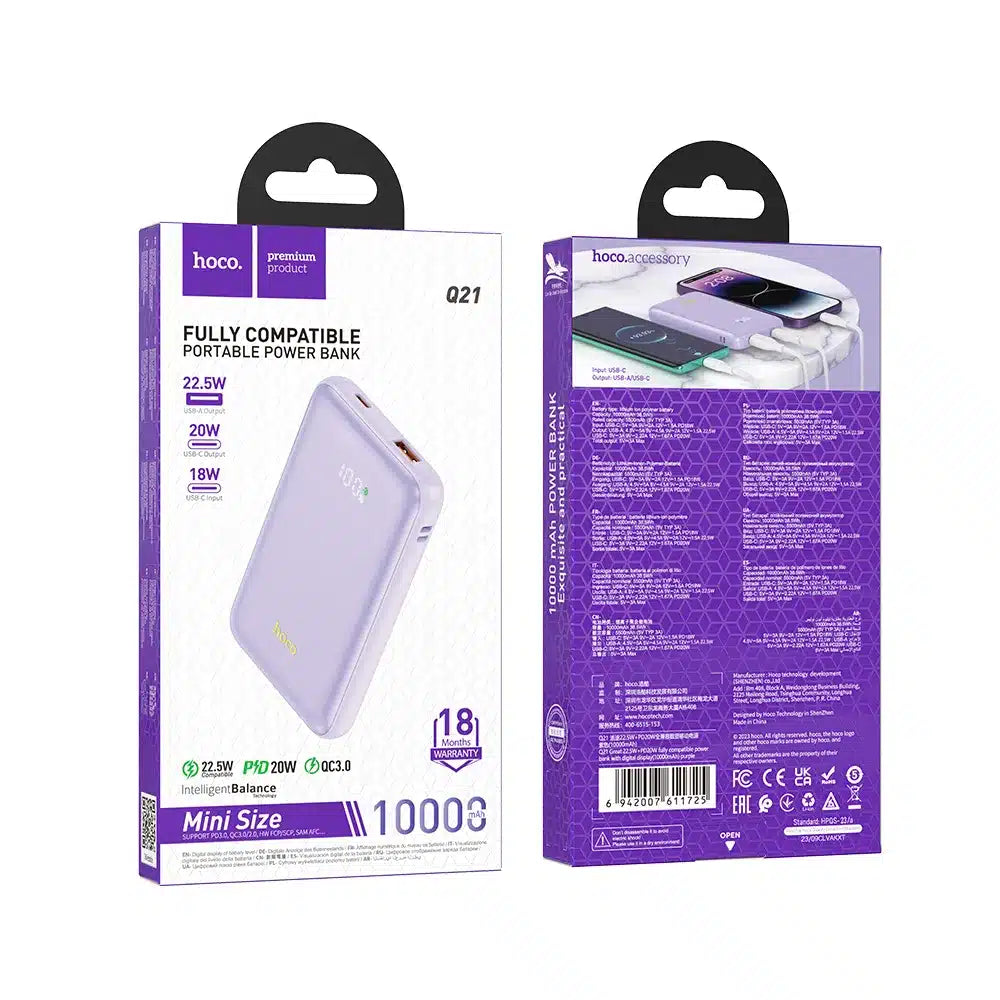 HOCO powerbank 10.000 mAh PD QC3.0 3A 22.5W Q21 fialový