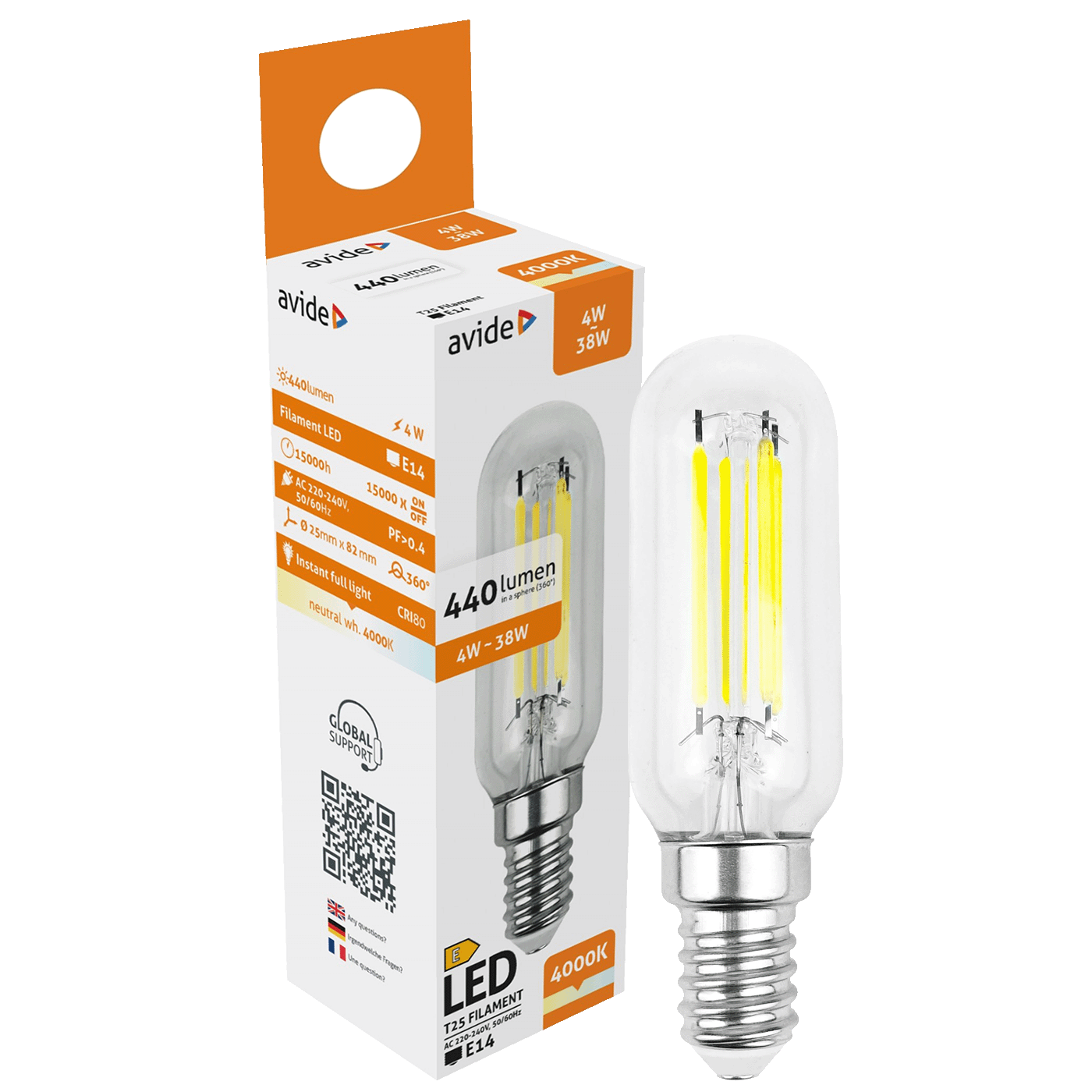Avide Žarulja, LED 4W, E14, 4000K, 230V AC, bijela svjetlost - Filament T25 4W E14