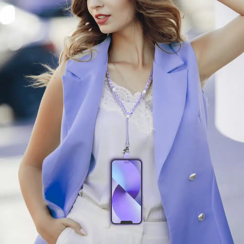 Přívěsek na telefon CRYSTAL DIAMOND / délka šňůry 74 cm (37 cm ve smyčce) / na krk fialová