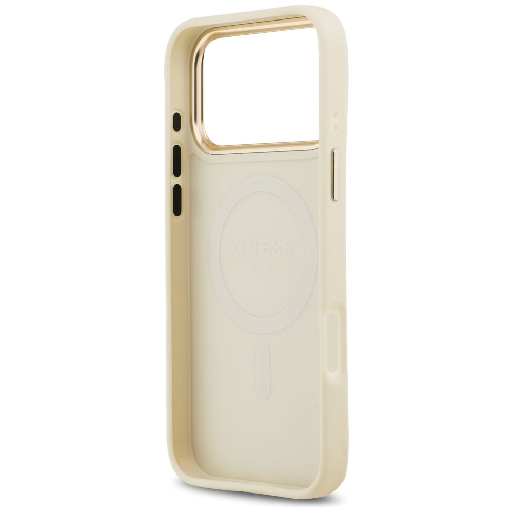 GUESS maskica za iPhone 17 Pro kompatibilna s MagSafe (PU s logom od zrnaste strass tkanine) bež