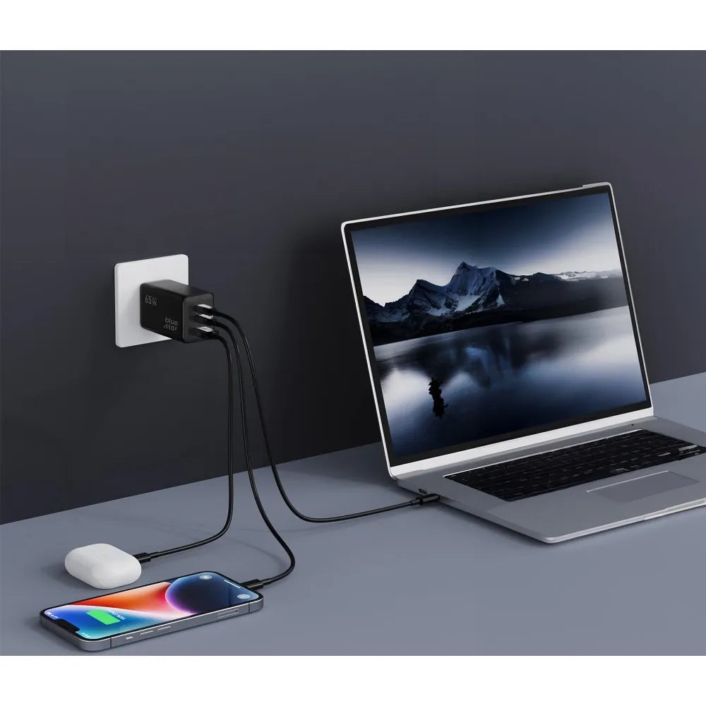 BLUE STAR GaN 4A 65W mrežni punjač 2 x Type C + USB A PD QC4.0 VT-43 crni