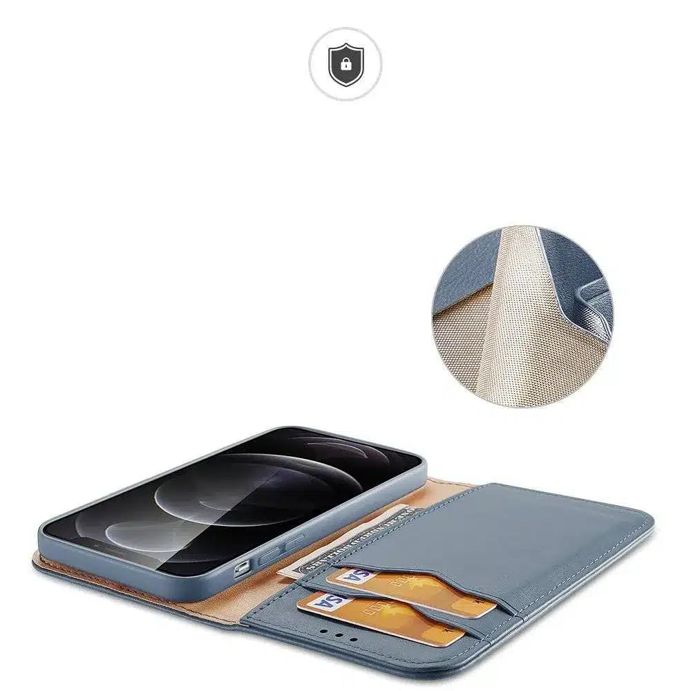 DUX DUCIS Hivo – kožené pouzdro peněženka pro Apple iPhone 13 Pro, modré