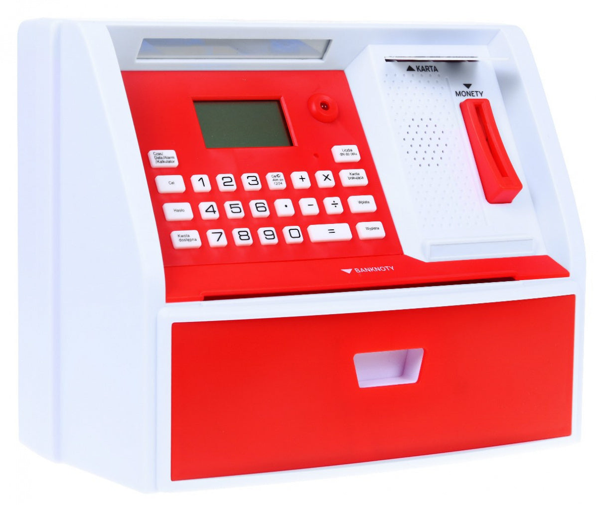 Kasica prasica u obliku bankomata s karticom za bankomat i PIN bravom - crvena