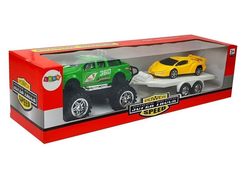 Set vozila  - žuti sportski automobili i zeleni terenski automobili s trenjem 