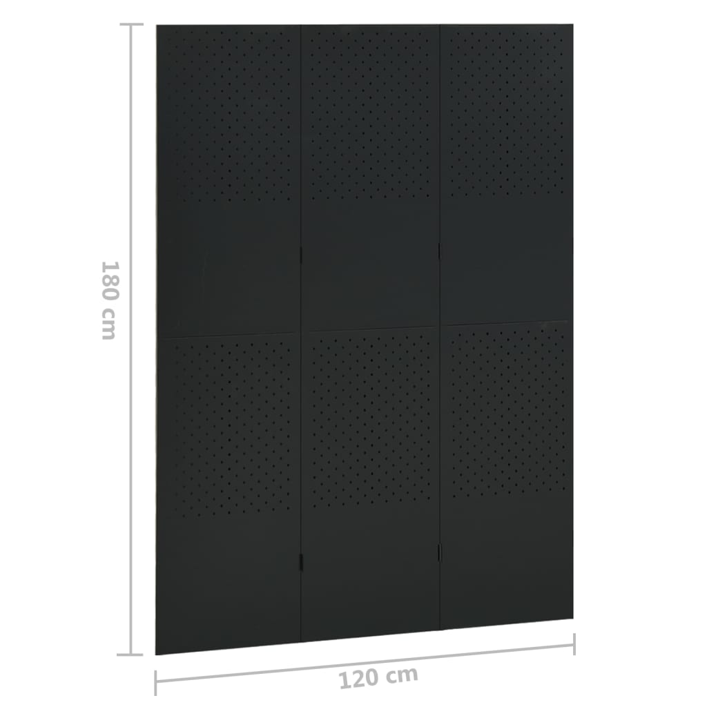 Sobna pregrada s 3 panela crna 120 x 180 cm čelična
