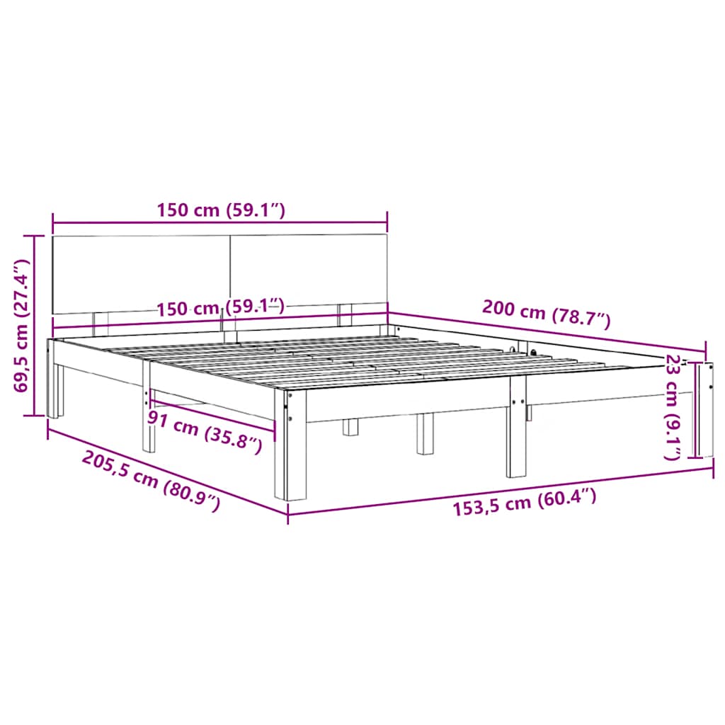 Okvir za krevet od masivnog drva 150 x 200 cm veliki bračni