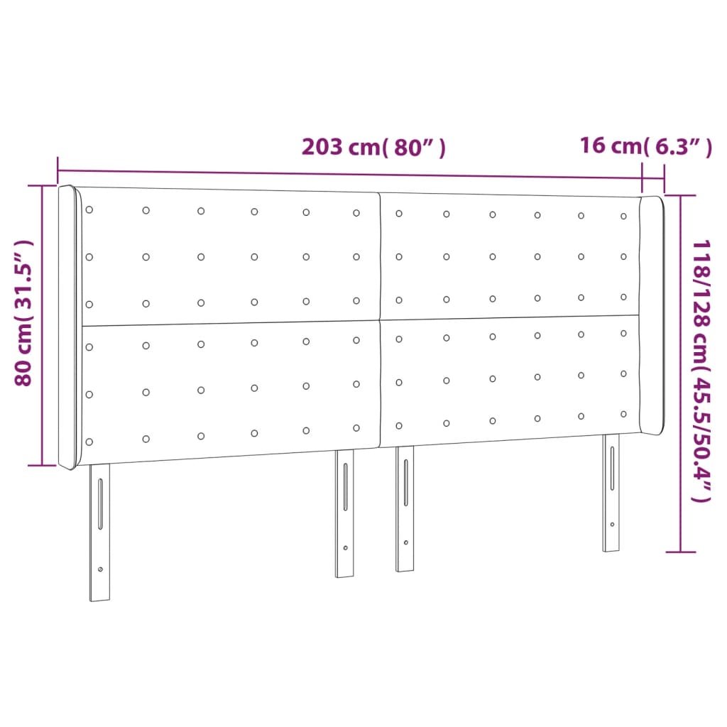 Uzglavlje s ušima crno 203x16x118/128 cm baršunasto