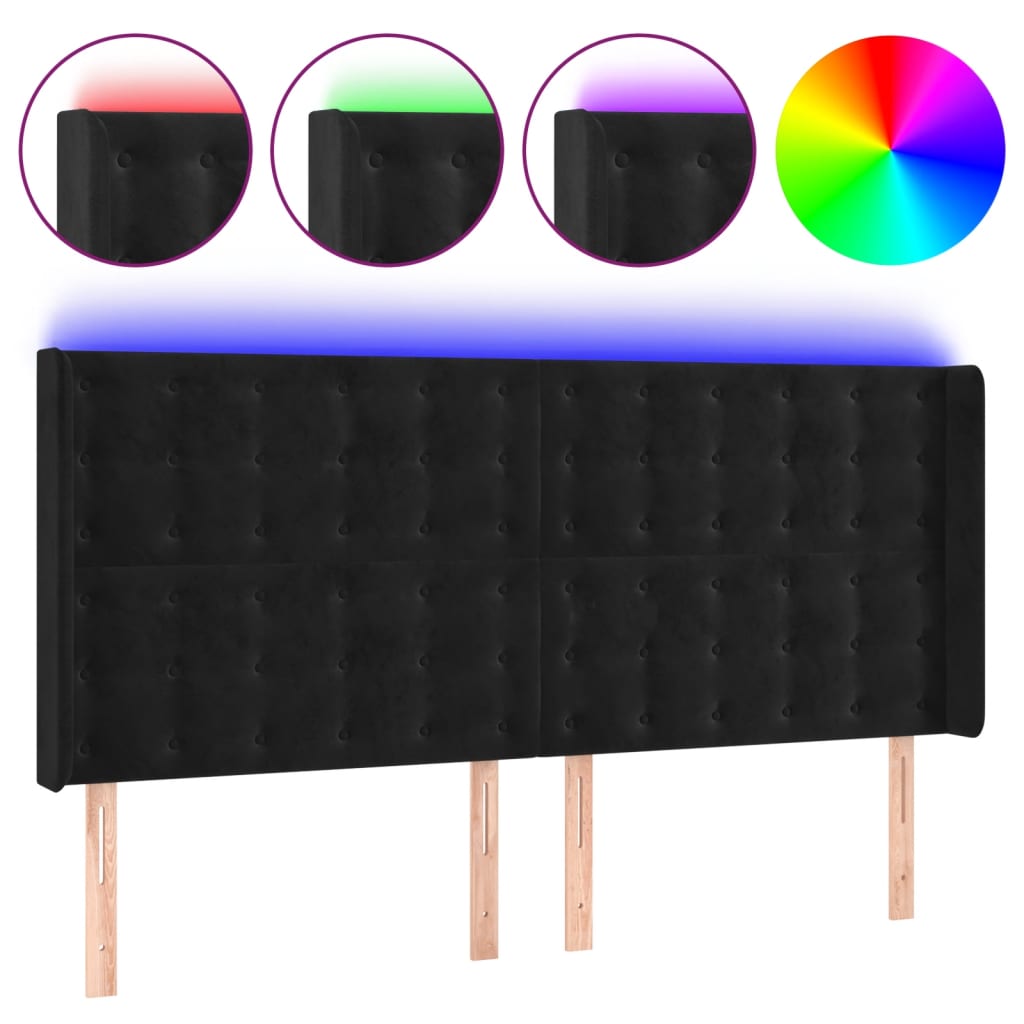LED uzglavlje crno 183 x 16 x 118/128 cm baršunasto