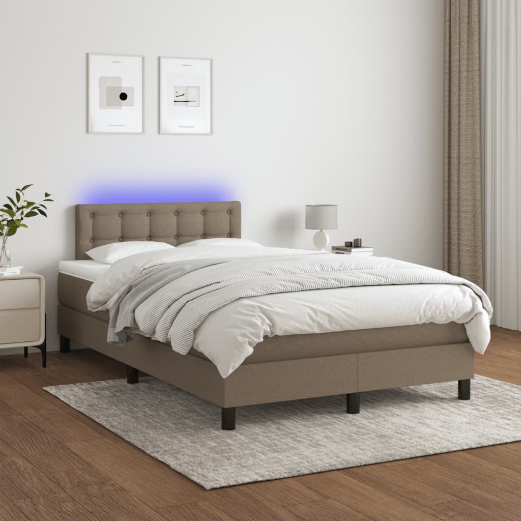 Krevet box spring s madracem LED smeđesivi 120 x 200 cm tkanina