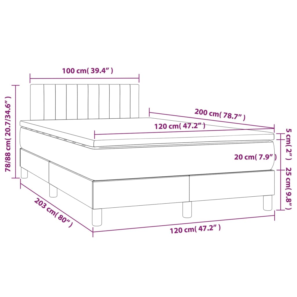 Krevet box spring s madracem LED smeđesivi 120 x 200 cm tkanina