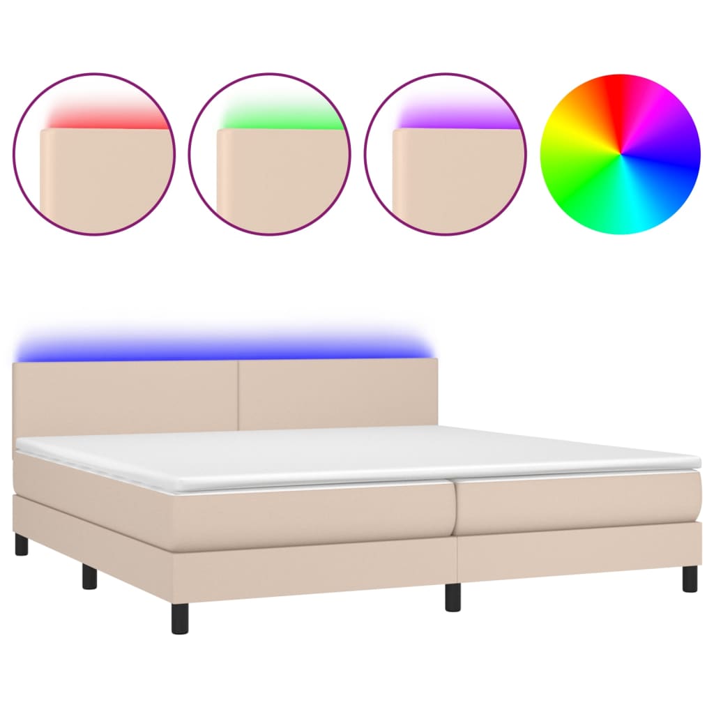 Krevet box spring madrac LED cappuccino 200x200cm umjetna koža