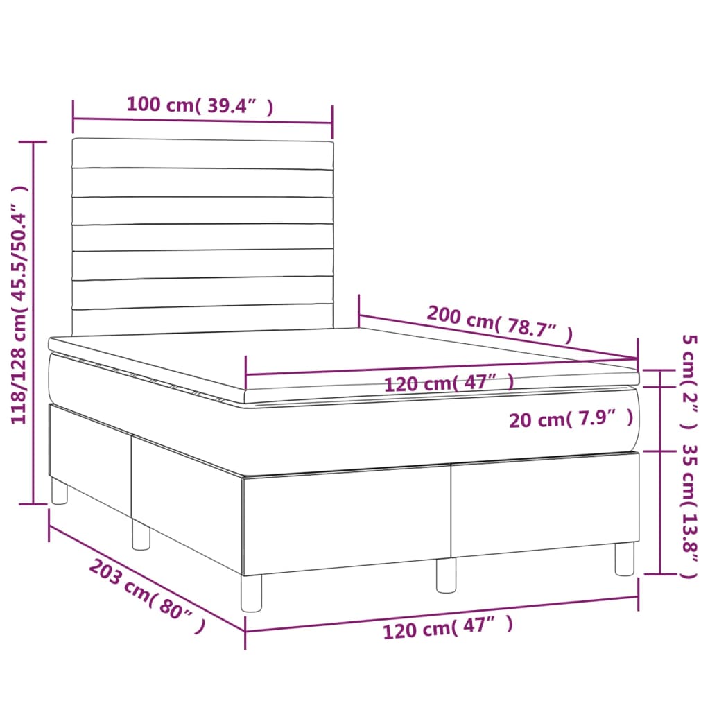 Krevet box spring s madracem LED smeđesivi 120 x 200 cm tkanina