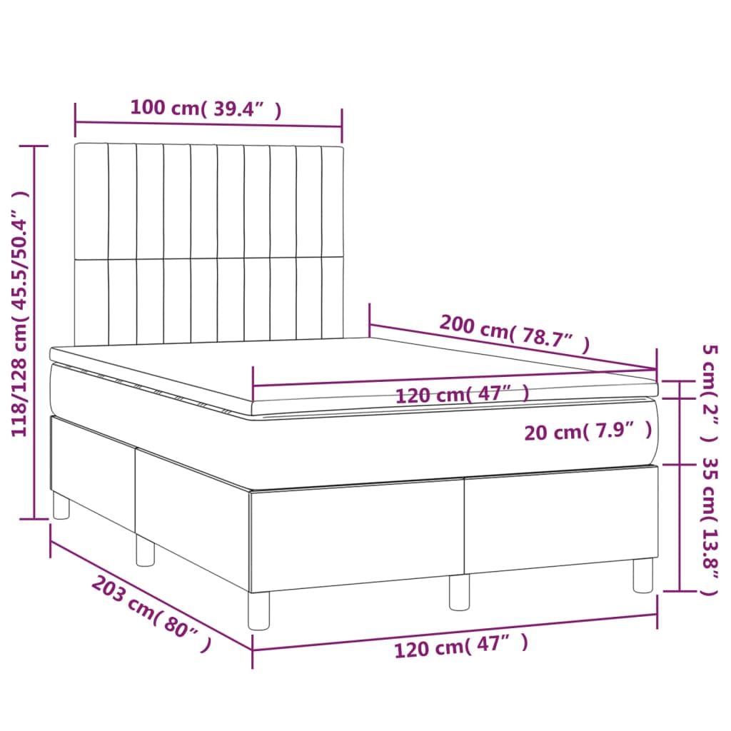 Krevet box spring s madracem LED smeđesivi 120 x 200 cm tkanina