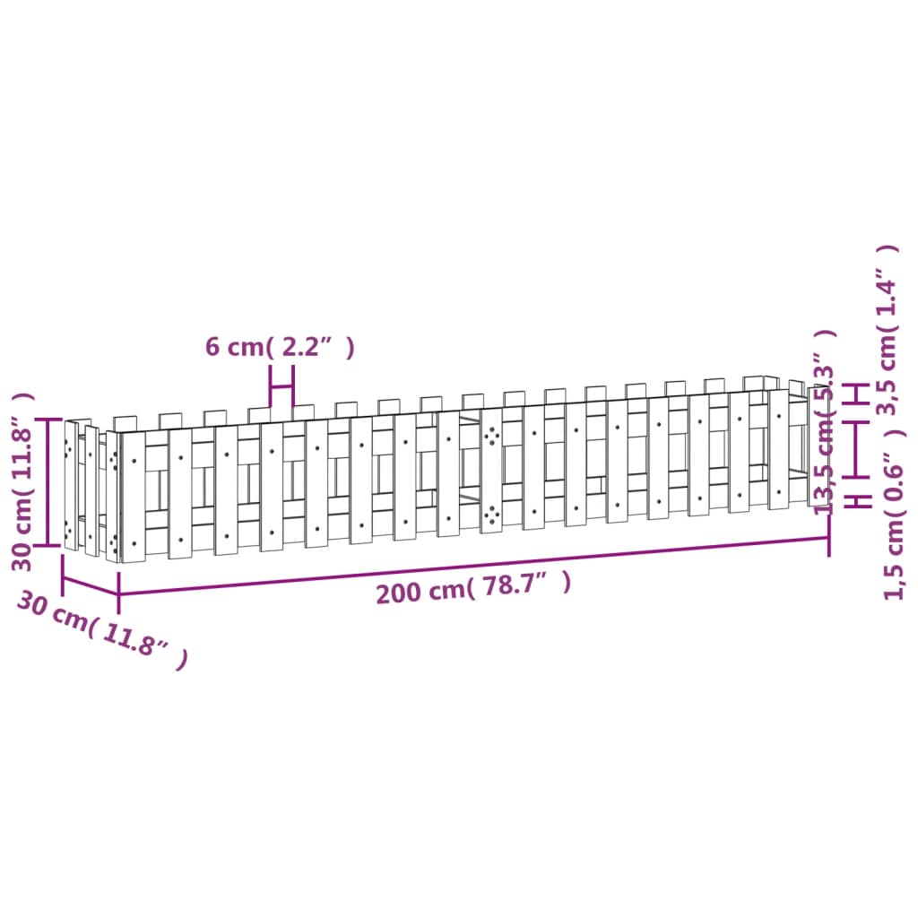 Povišena vrtna gredica crna 200x30x30 cm masivna borovina