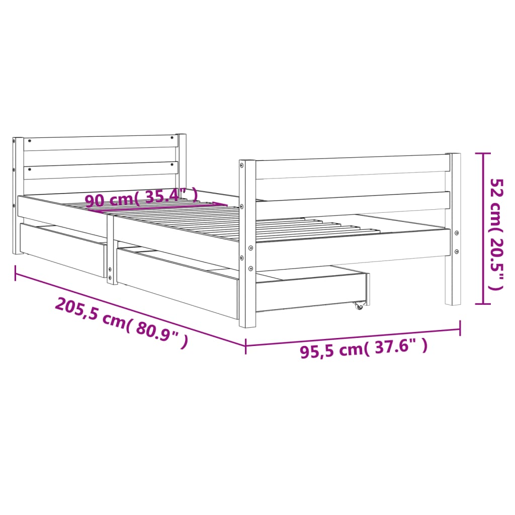 Okvir za dječji krevet s ladicama crni 90 x 200 cm od borovine
