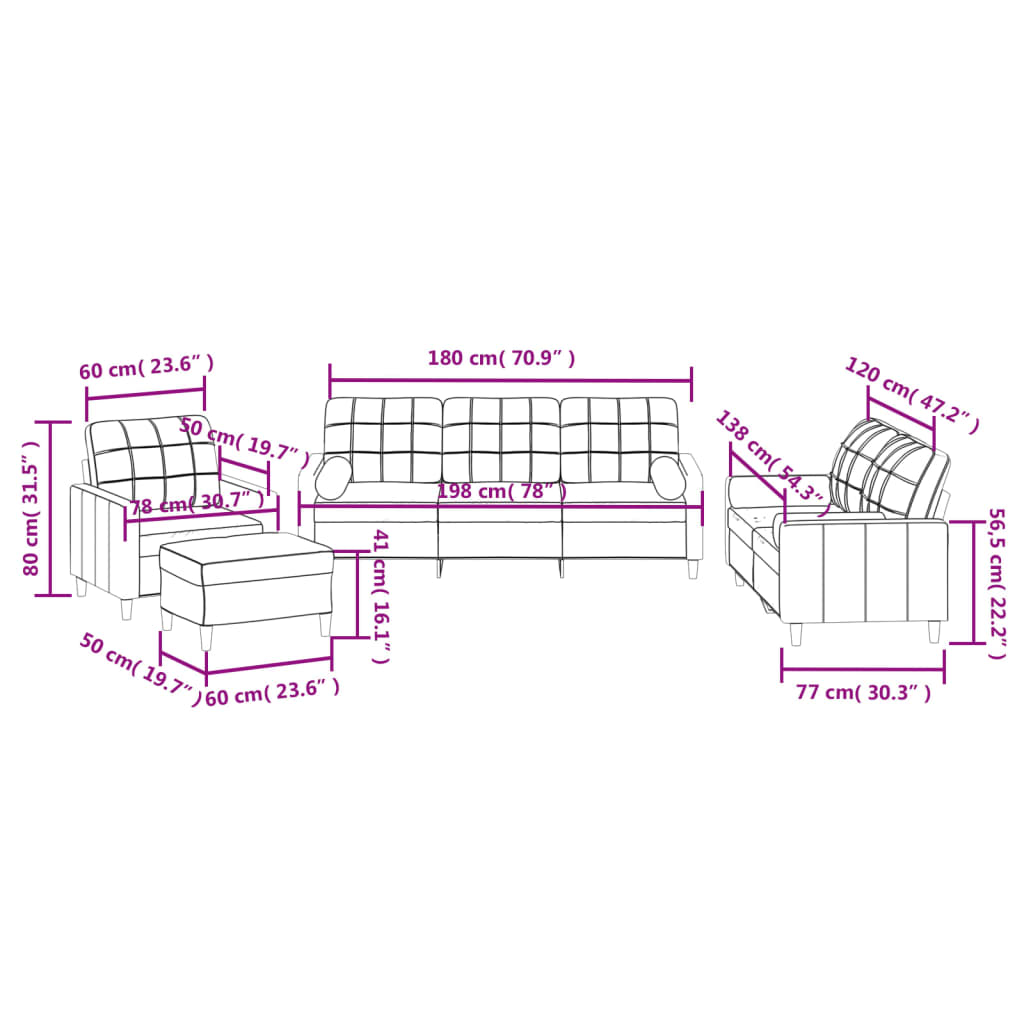 4-dijelni set sofa s jastucima krem od tkanine