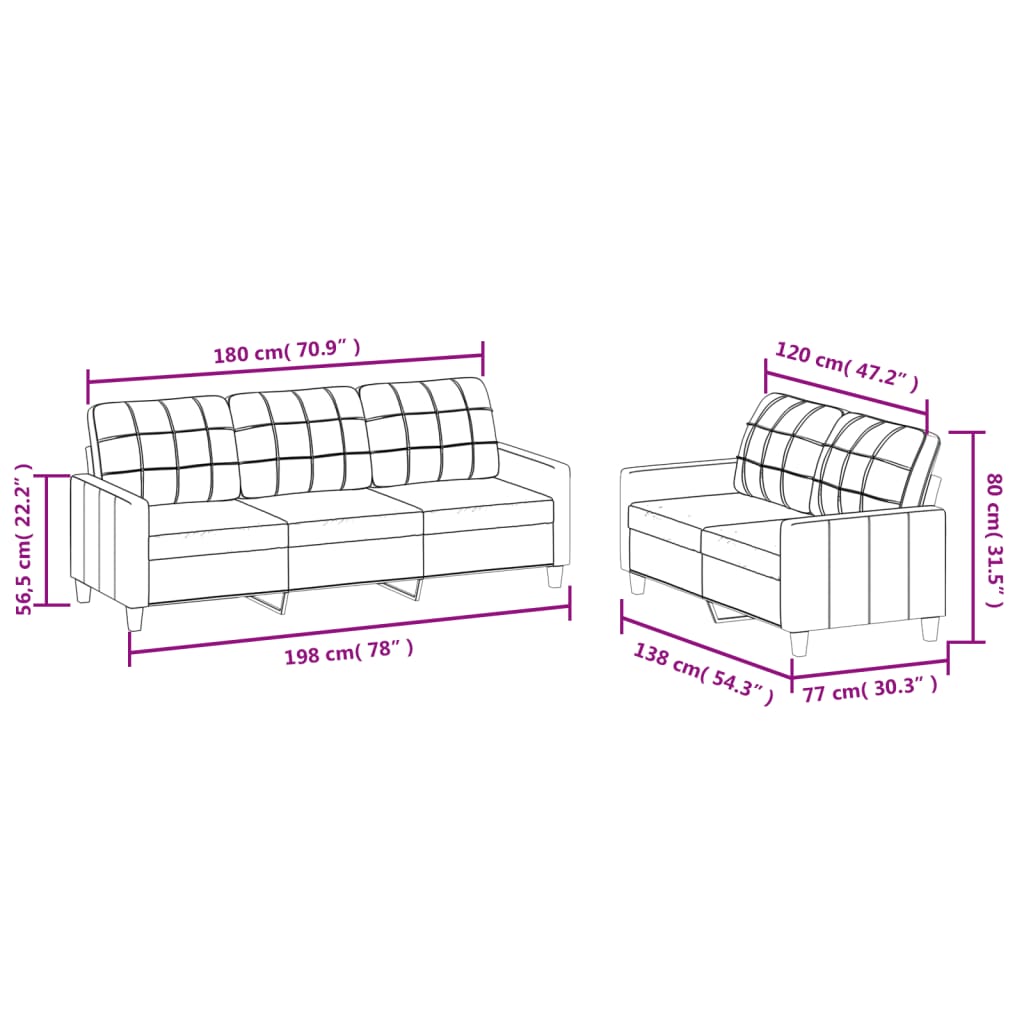 2-dijelni set sofa s jastucima krem od umjetne kože Krema