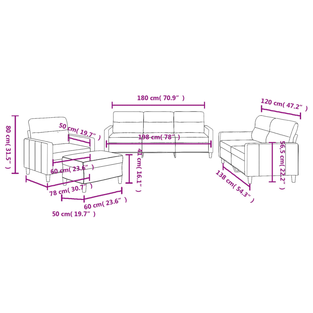 4-dijelni set sofa s jastucima krem od tkanine