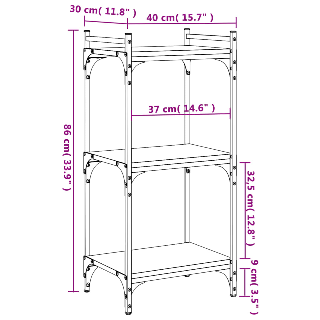 Regal za knjige s 3 razine boja hrasta 40 x 30 x 86 cm drveni