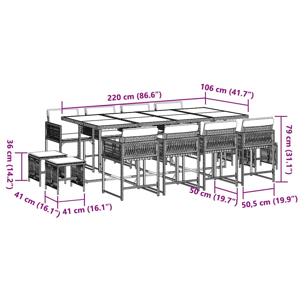 13-dijelni vrtni blagovaonski set s jastucima poliratan crni