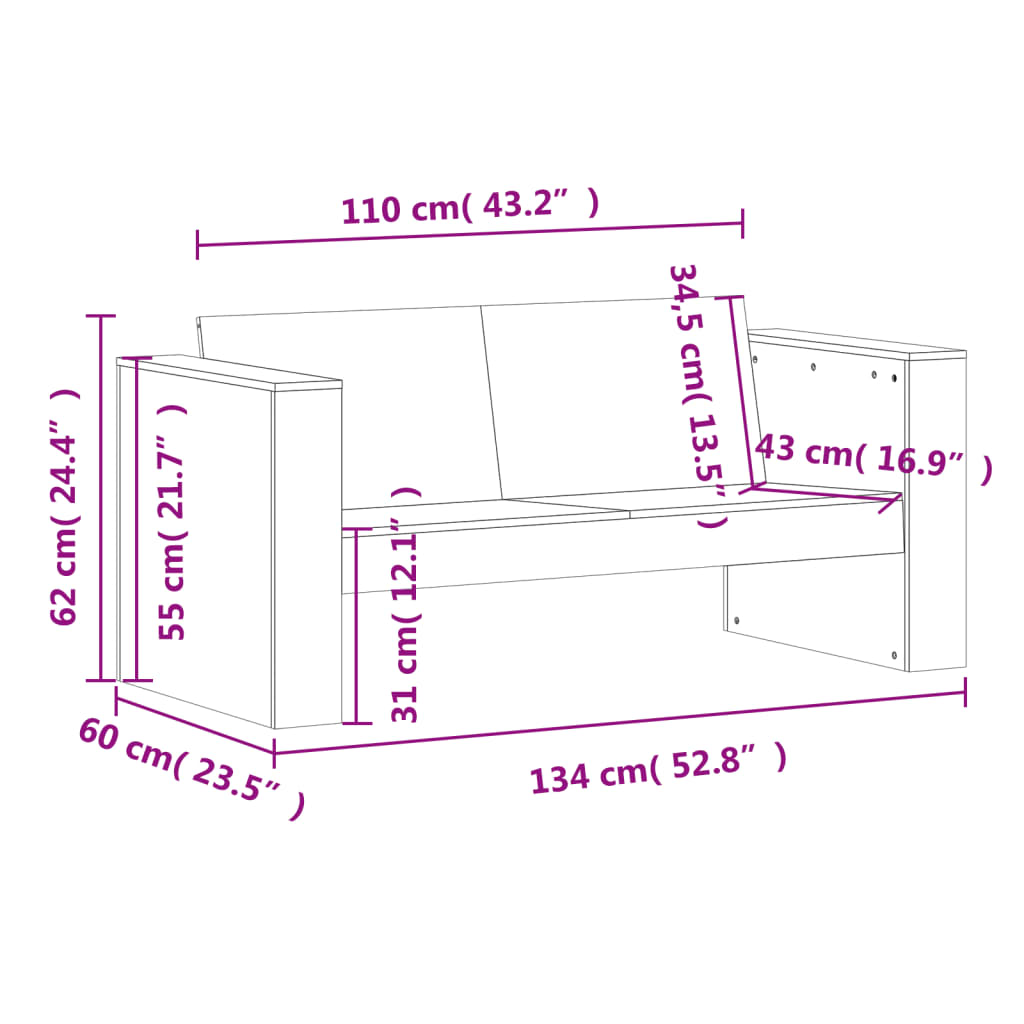 Vrtni dvosjed 134 x 60 x 62 cm od masivne borovine