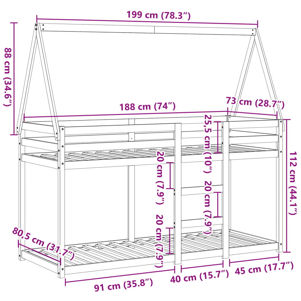 Krevet na kat s krovom bijeli 75x190 cm puno drvo bor