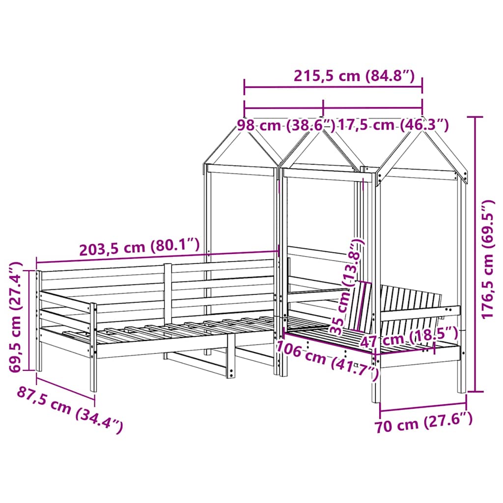 Set kreveta i klupe s krovom bez madraca bijele boje 80x200 cm
