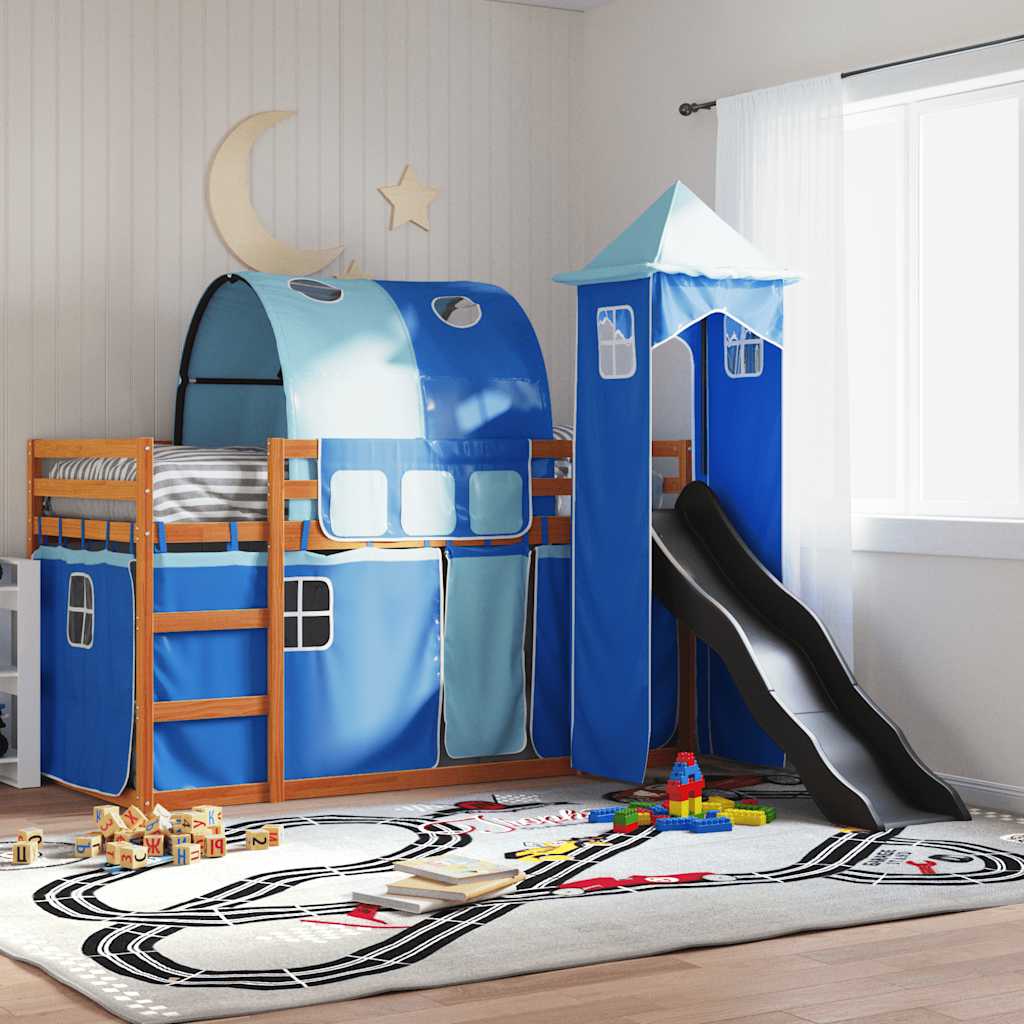 Krevet na kat s toboganom i zavjesama plavi 90 x 200 cm