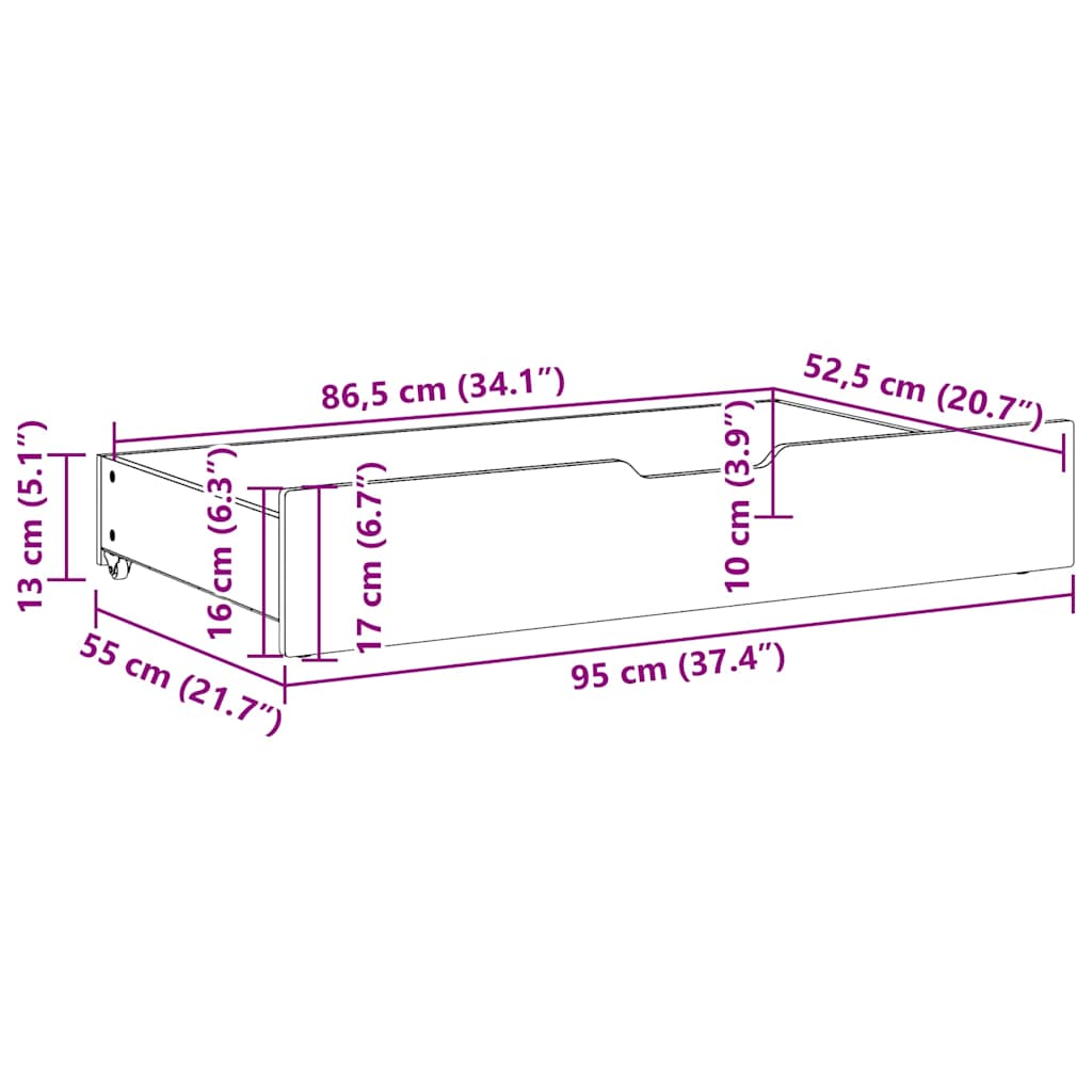 Ladice ispod kreveta 2 kom bijele 95x55x17 cm od borovine