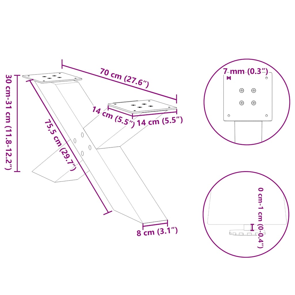 Noge za klub stolić X-oblik 2 kom Bijele 70 x (30-31) cm Čelik