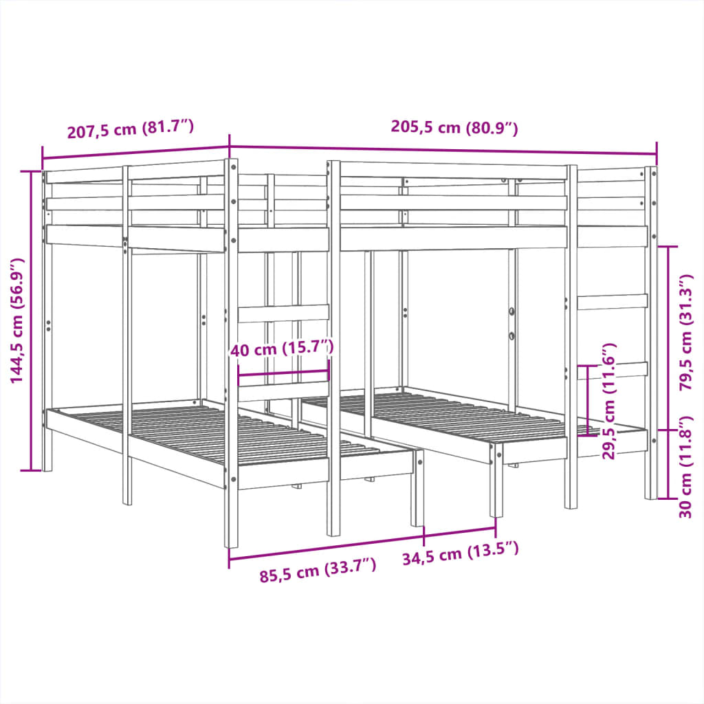 Trostruki okvir kreveta na kat 200x200/80x200 cm od borovine