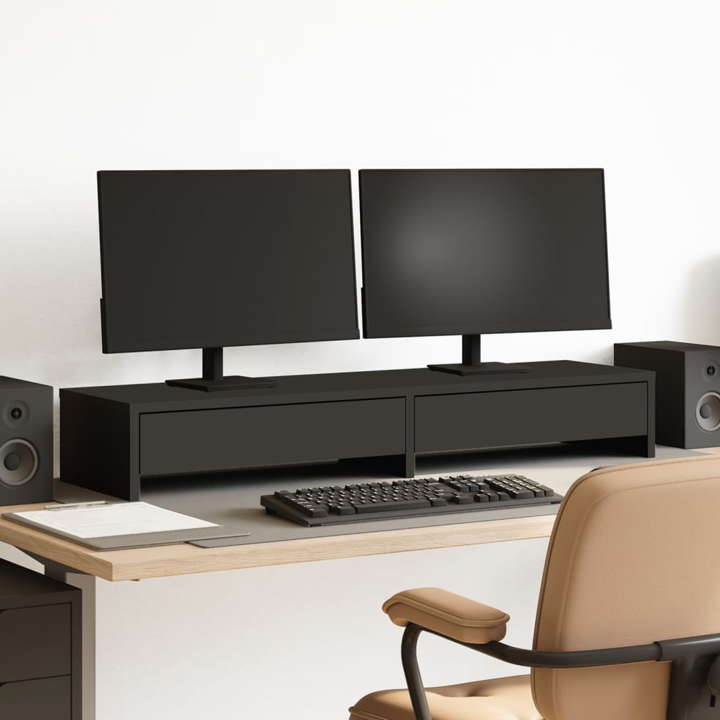 Stalak za monitor s ladicama crni 100 x 27 x 15 cm drveni