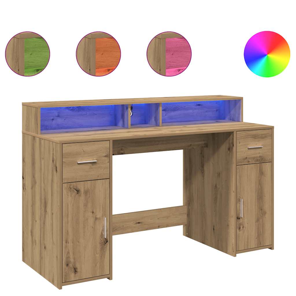 Radni stol s LED svjetlima boja hrasta 140x55x91 cm drveni