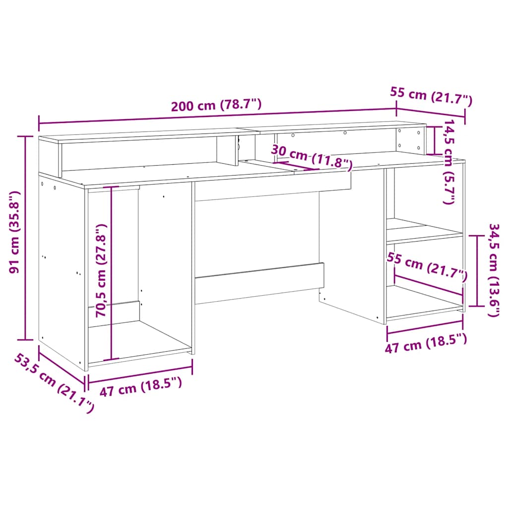 Radni stol s LED svjetlima sivi 200x55x91 cm konstruirano drvo